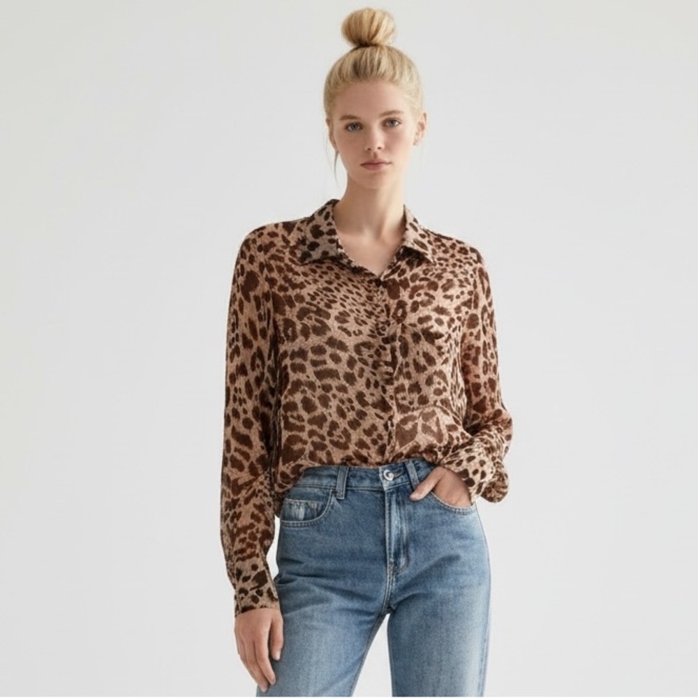 Emerson Thorpe Leopard Print Sheer Button-Down Shirt. Silk.  cropped. Designer